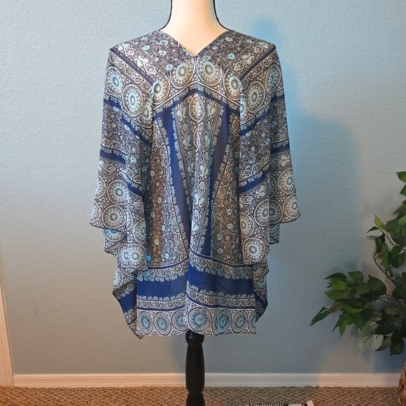 J JILL Women's Poncho Kimono Paisley Print Orange & Blue One Size - Picture 5 of 10